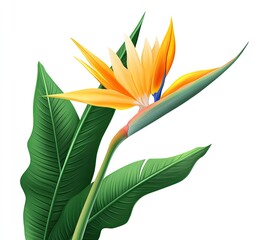 Vibrant bird of paradise flower with large leaves, vibrant orange and yellow petals, detailed illustration