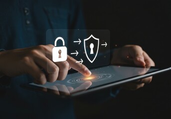 Tablet security: padlock and shield icons on screen