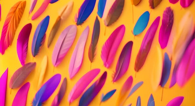 Colorful array of feathers on a yellow background The feathers are of different colors and sizes creating a vibrant and lively scene Concept of freedom and natural beauty 4K
