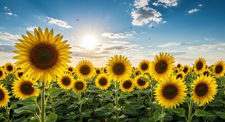 Obraz premium Blooming Sunflower Field Under a Blue Sky