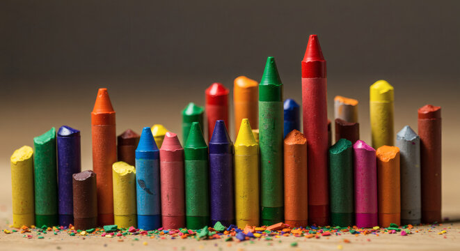 A vibrant collection of colorful crayons stands on a wooden surface, ready for creative projects.