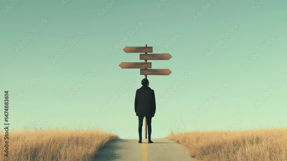 Poster businessman standing at crossroads on a long road, facing multiple directions, symbolizing choices, 