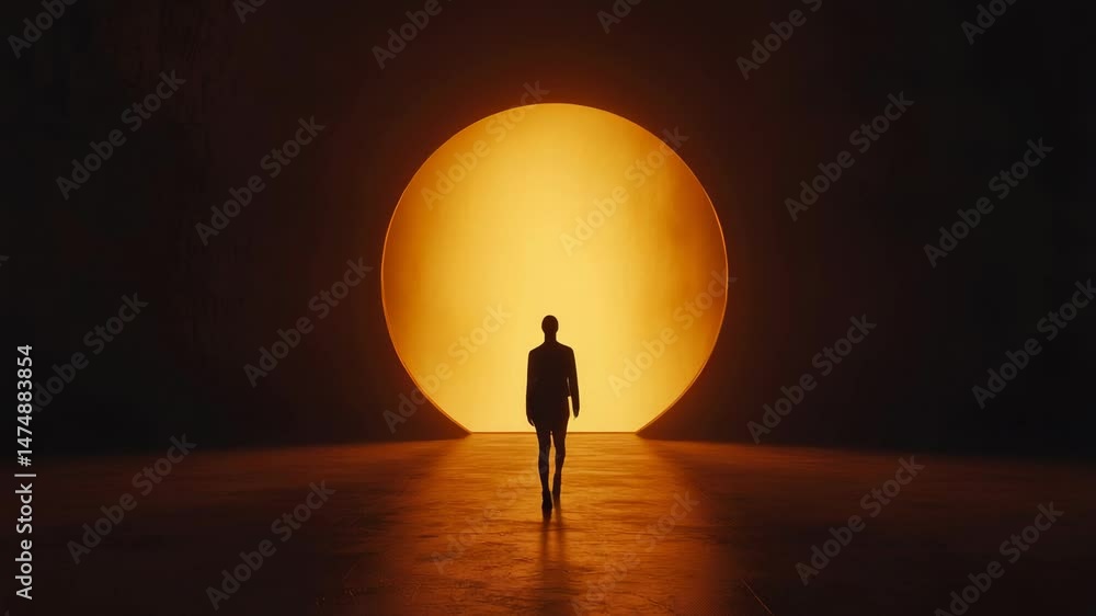 Poster silhouette of a businessman walking on a dark floor towards a glowing orange circle representing cho