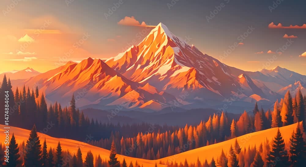Poster beautiful mountain landscape with a large mountain in the background and a forest of trees in the fo