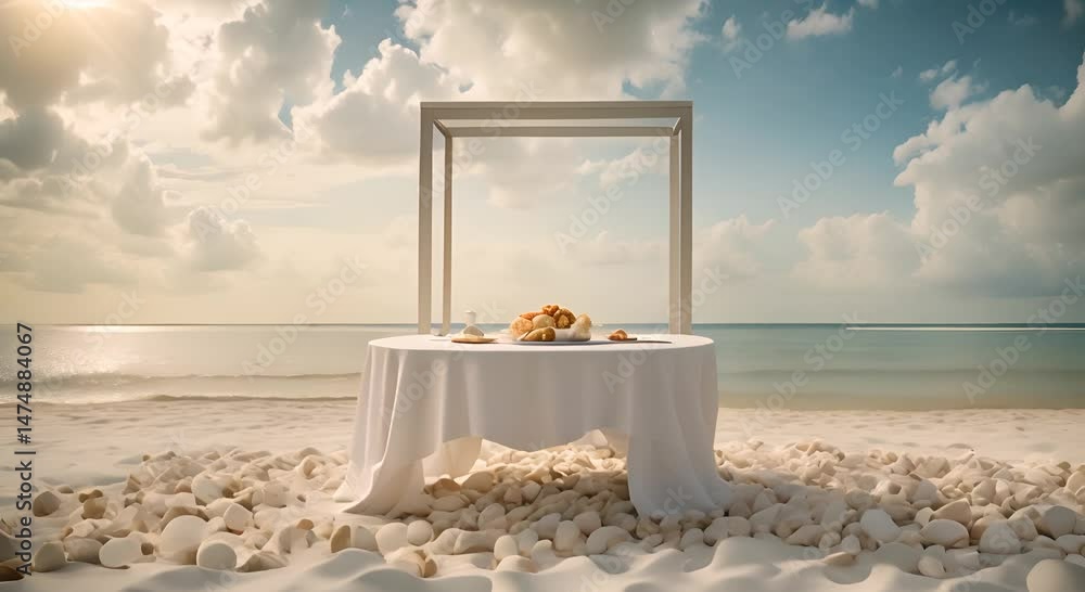 Poster beach scene with a large white table in the foreground the table is blank covered with shells and ha