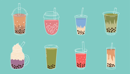 Flat style illustration of colorful bubble tea drinks in various cups and flavors, ideal for beverage packaging, cafe branding, and playful food-themed designs.