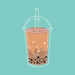 Flat style illustration of a plastic cup filled with bubble tea, featuring boba pearls and a dome lid, ideal for beverage packaging, cafe menus, or bubble tea-themed design projects.