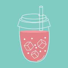 Flat style illustration of a pink cold drink in a glass jar with ice cubes and straw, ideal for summer beverage concepts, refreshing designs, and drink-related projects.