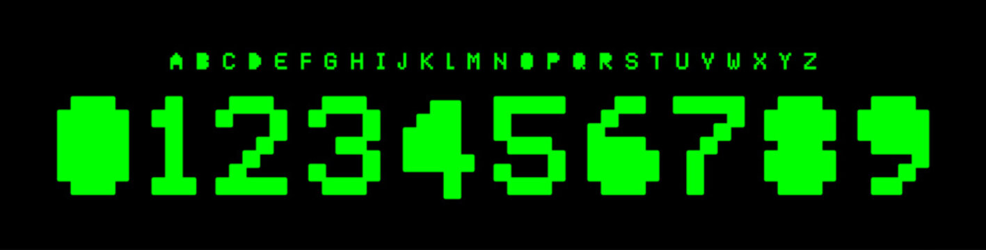 Retro Y2K pixel alphabet, glitch display font, arcade typeface, 8-bit screen logo design, vintage code tech letter and number style, hacker digital typography. Vector typeset.