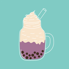 Flat style illustration of a taro bubble tea with whipped cream in a mason jar, perfect for beverage branding, cafe menus, or trendy food-related designs.