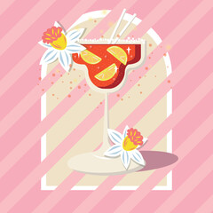 Stylized cocktail illustration. Red drink with lemon and flowers