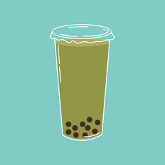 Flat style illustration of a bubble tea drink with tapioca pearls in a plastic cup, ideal for beverage packaging, menu design, and trendy food-related creative projects.