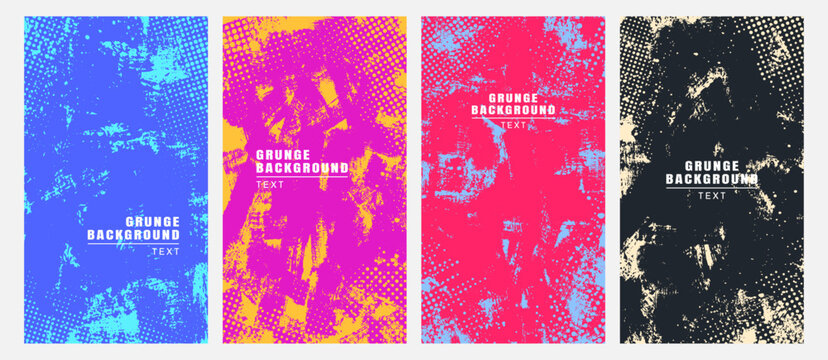 Vector illustration. Cool bright wallpapers with paint brush strokes and halftone texture. Hand drawn abstract color backgrounds set. Design elements for flyer, voucher, coupon, leaflet, social media