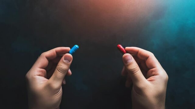 Red and blue pills resting in human hands, representing pivotal moment of psychological decision making with complex emotional undertones and potential life changing consequences