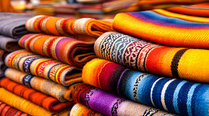Textile blankets display vibrant patterns texture market setting detail