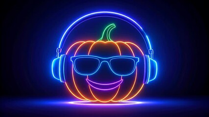 Neon outline glowing pumpkin with headphones and sunglasses Halloween tech party vibes, isolated on black background, copy space area with seamless looping videos. - Powered by Adobe