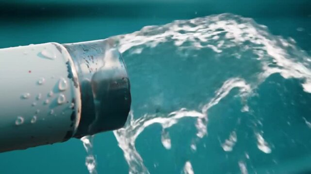 a white industrial pipe with a water leak spraying out forcefully