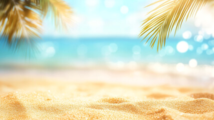 Unfocused blurred beach background with blue sea and palm trees