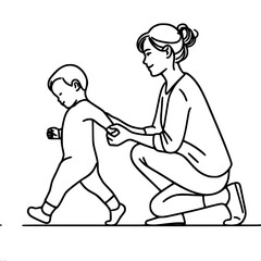 Woman holding her baby while squatting, one line contour vector