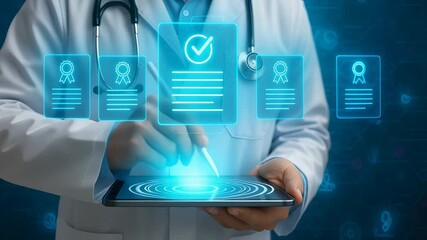 Doctor Using Digital Tablet with Holographic Medical Documents Representing Healthcare Certification and Approval Process
- Powered by Adobe