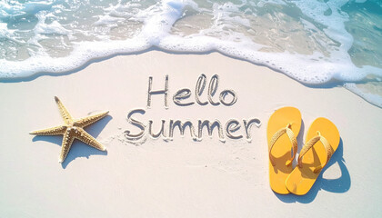 summer background with finger written text on sand and sunny beach vibe