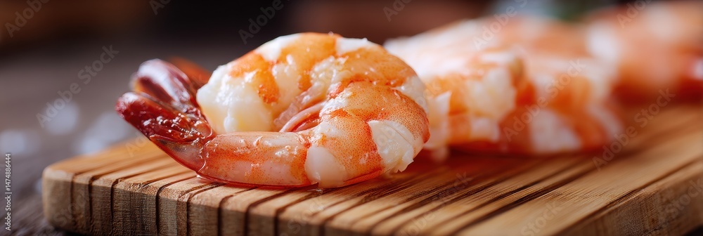 Poster detailed macro of a shrimp tail resting on a wooden cutting board with a blurred background showcasi