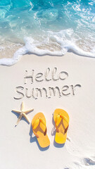 summer background with finger written text on sand and sunny beach vibe