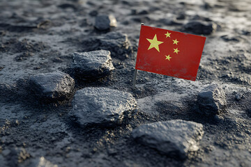 The image features four metallic rocks of varying shapes and sizes alongside a small flag of China.