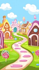 Candy Village Path: A whimsical journey down a candy-coated path meanders through a village of gingerbread houses, lollipops, and gumdrop trees, under a cheerful blue sky.