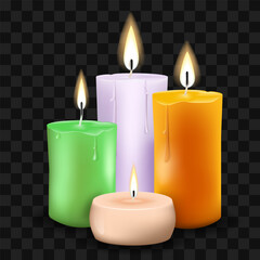 Burning colorful candles isolated on transparent background. Composition of four wax candles. Vector illustration