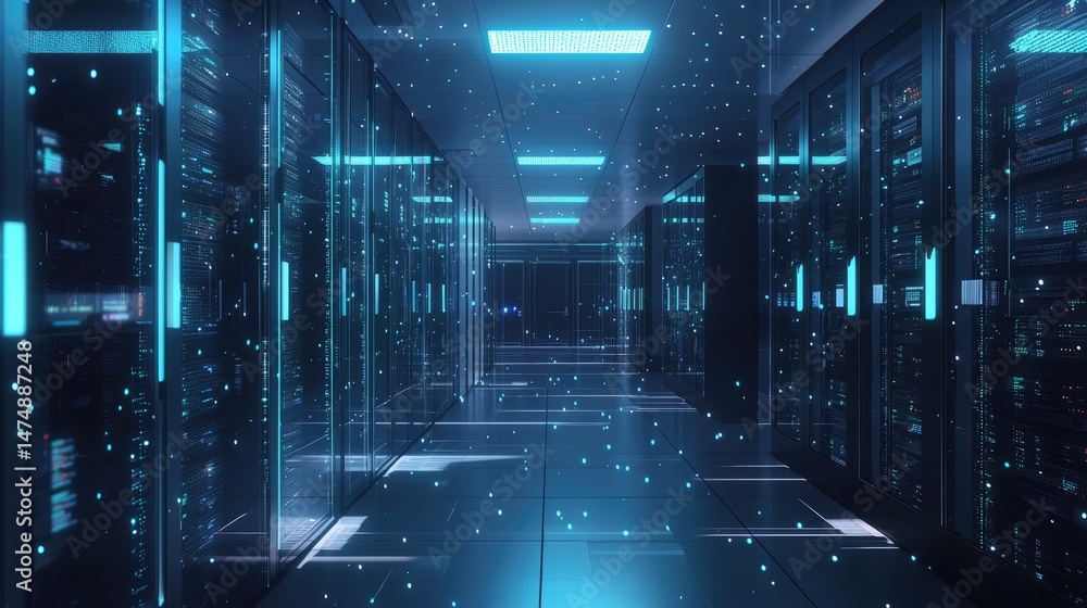 Poster Futuristic data center with glowing blue server racks and digital particles, symbolizing cloud computing, big data, cybersecurity, and high-tech digital infrastructure