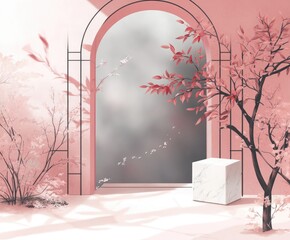 Serene pink archway scene with plants and marble cube