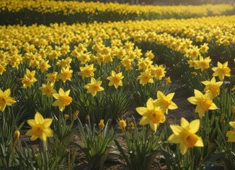 Obraz premium Sunlit field of vibrant yellow daffodils in full bloom, petals glistening , petals, bloom, golden