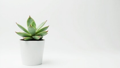 Lone succulent in white pot on white backdrop, prominent, isolated