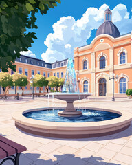 Serene outdoor plaza with holographic fountain, historic building, blue sky, and lush trees, peaceful atmosphere