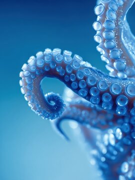 Detail of Octopus Tentacle With Suction Cups Over Blue Gradient Background Showcasing Marine Textures