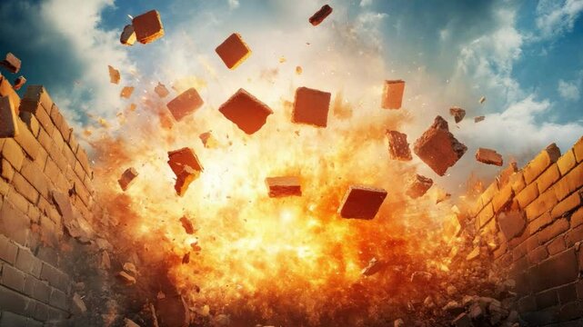 Explosive Destruction of a Wall with Debris Flying and Fiery Background in a Dramatic Sky Setting 4k video footage