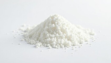 Pile of white granulated sugar on white background, sugar crystals, table sugar, carbohydrate