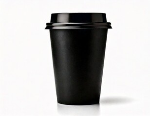  Closeup front view disposable black paper coffee cup with head isolated on white background.