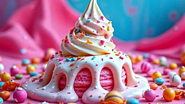visually captivating scene of delectable dessert elegantly presented soft pink background. At center stack of pink macarons topped swirl of creamy white frosting generously sprinkled...