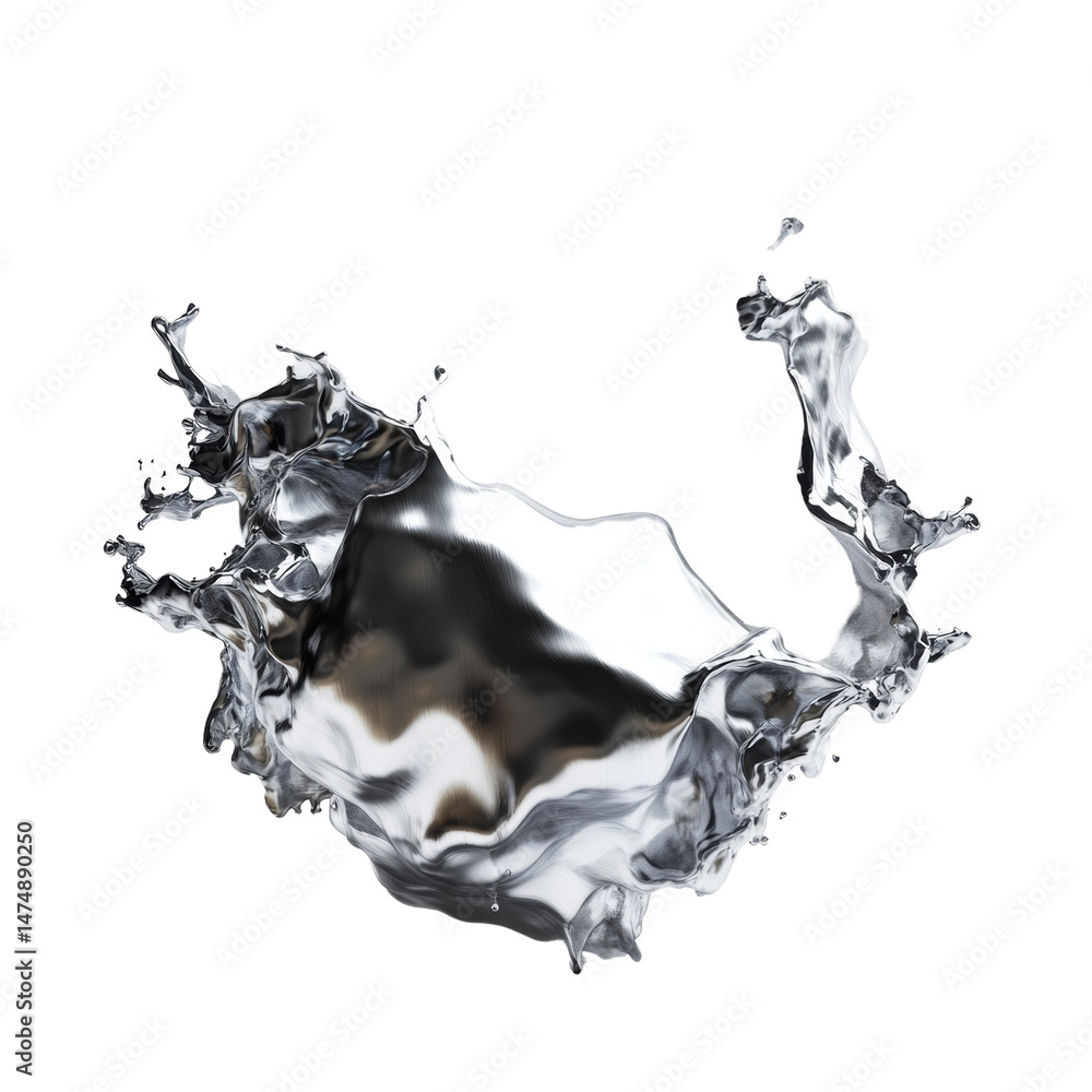 Poster chrome liquid splash with dynamic ripples and polished reflections isolated