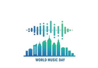 Fototapeta premium illustration of a city skyline with sound waves rising above, symbolizing World Music Day, clean and modern design on white background