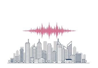 Fototapeta premium illustration of a city skyline with sound waves rising above, symbolizing World Music Day, clean and modern design on white background