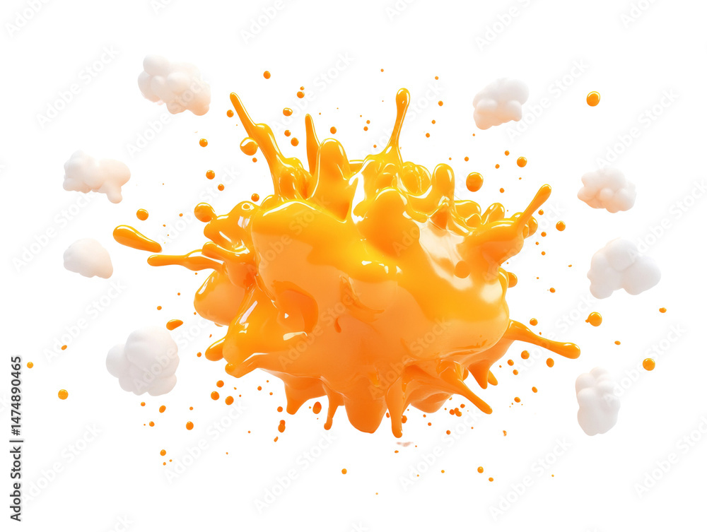 Aufkleber explosive mango juice burst with floating white candy on white surface