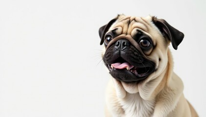 Solo pug against pure white, showcasing its endearing features, purebred, pug