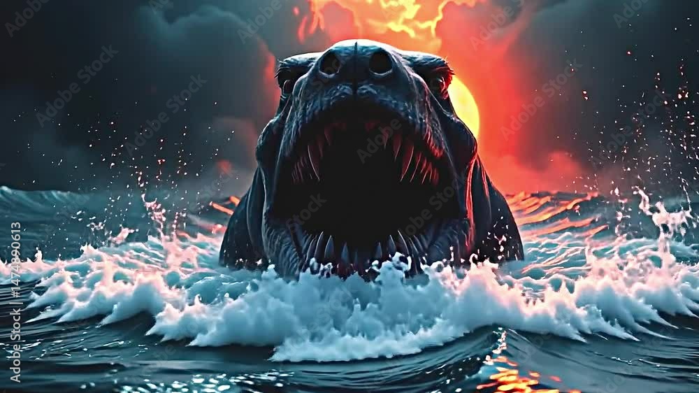 Aufkleber dramatic intense scene of large ferocious creature emerging from depths of turbulent ocean. creature