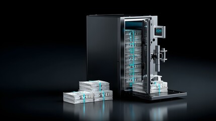 door opening to reveal stacks of glowing digital tokens