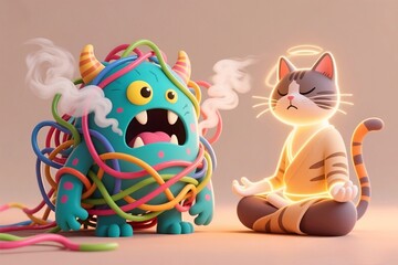 A whimsical 3D illustration depicts a tangled, stressed monster character next to a calm, meditating cat with a halo, visually representing the concept of finding peace amidst chaos