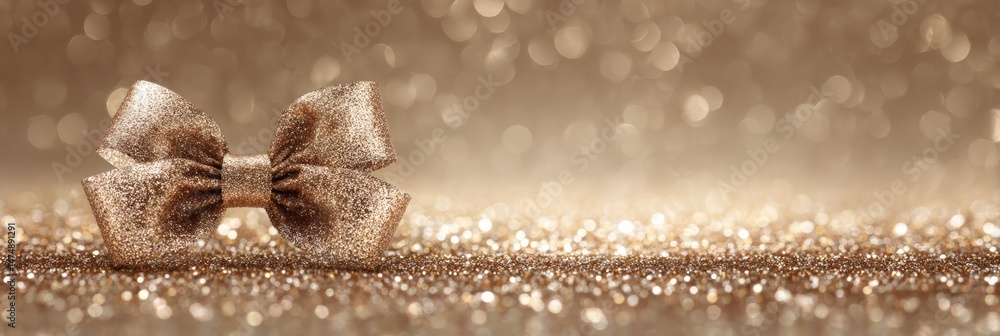 Poster shiny foil bow floating amidst sparkling background with blank space for text