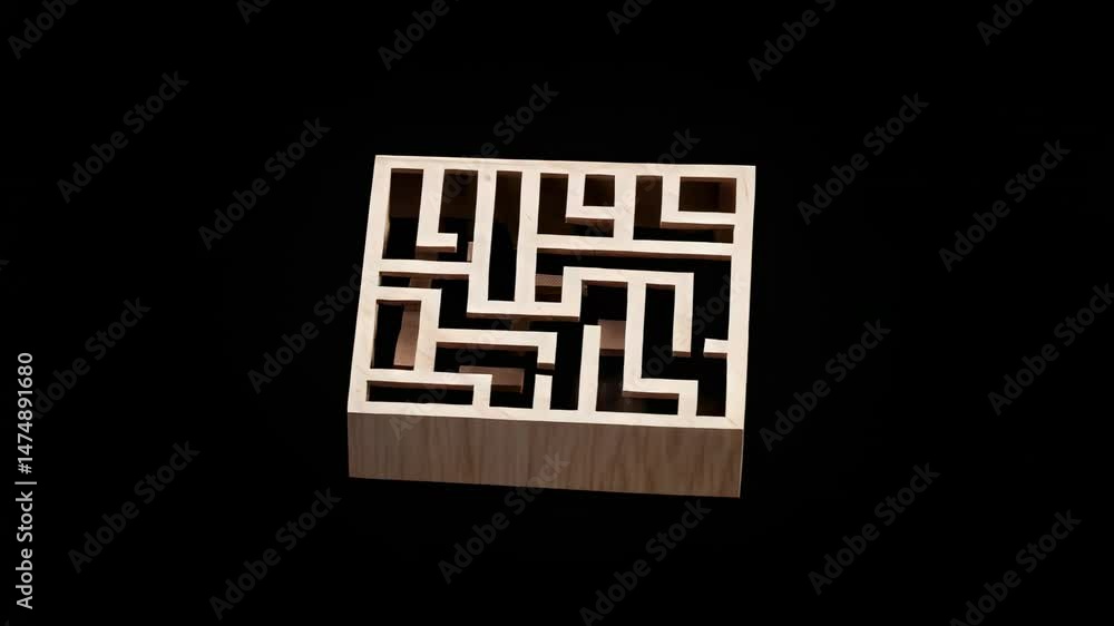 Poster Wooden maze rotating slowly against a black background, revealing different paths and choices, symbolizing decision making, strategy, problem solving, and the search for solutions